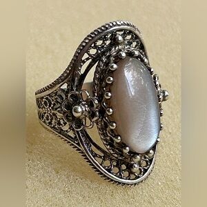 Gray Moonstone Sterling Silver Filigree Ring—Size 5